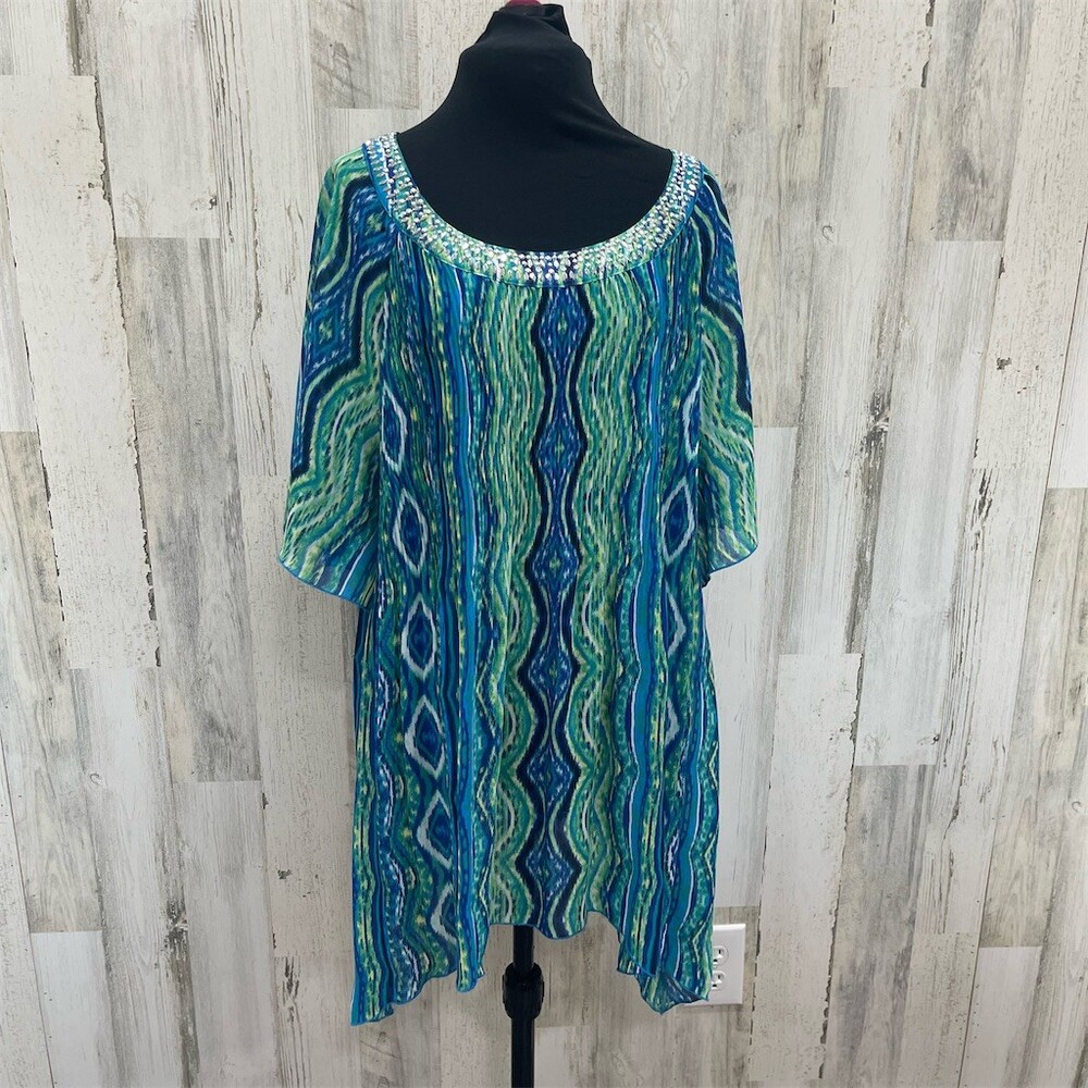 Catherine’s Womens 1xl  Blue Green Abstract Tunic Shift Beaded Neck